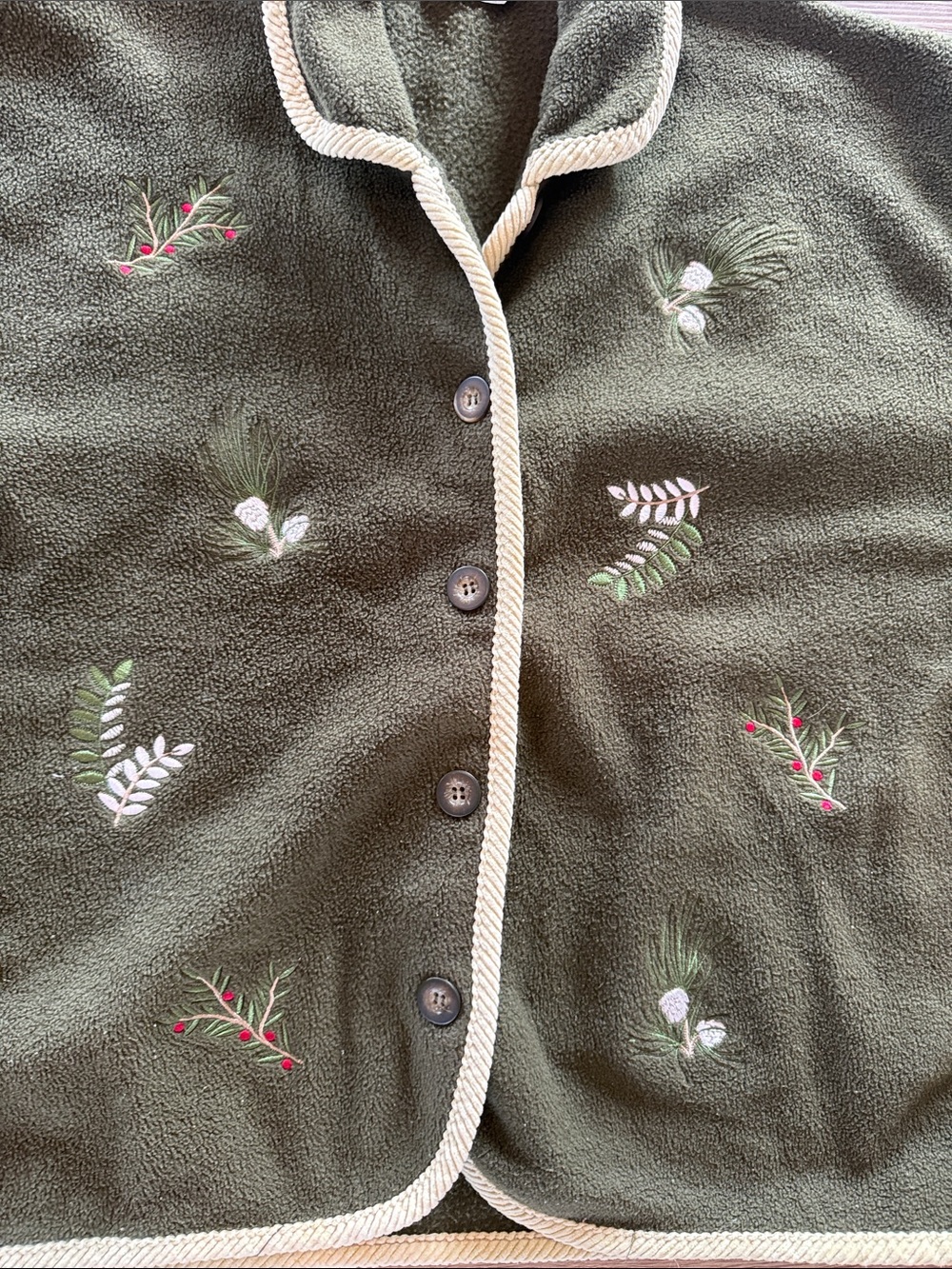 Embroidered Olive Green Women's Fleece Cardigan Sweater Fall Winter Christmas - Picture 4 of 9